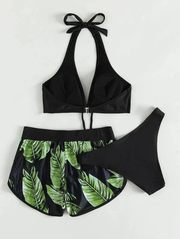 Stylish leaf print bikini with matching shorts in a variety of vibrant colors and patterns