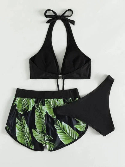 Stylish leaf print bikini with matching shorts in a variety of vibrant colors and patterns