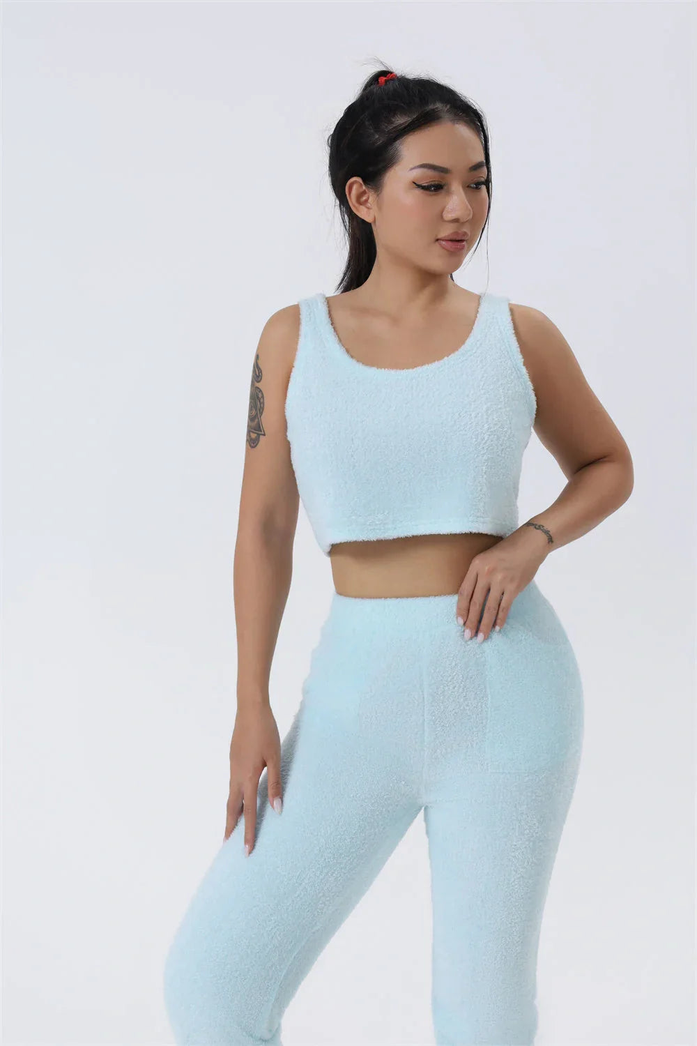 Cozy 3-Piece Lounge Set in soft, fluffy cotton-polyester blend with cropped top, wide-leg pants, and matching cardigan in various pastel colors