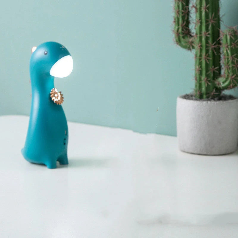 Adorable dinosaur LED night light with touch control in pink, blue, and green