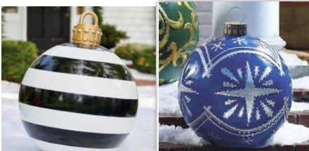 Inflatable Christmas baubles in various festive designs for outdoor holiday decoration
