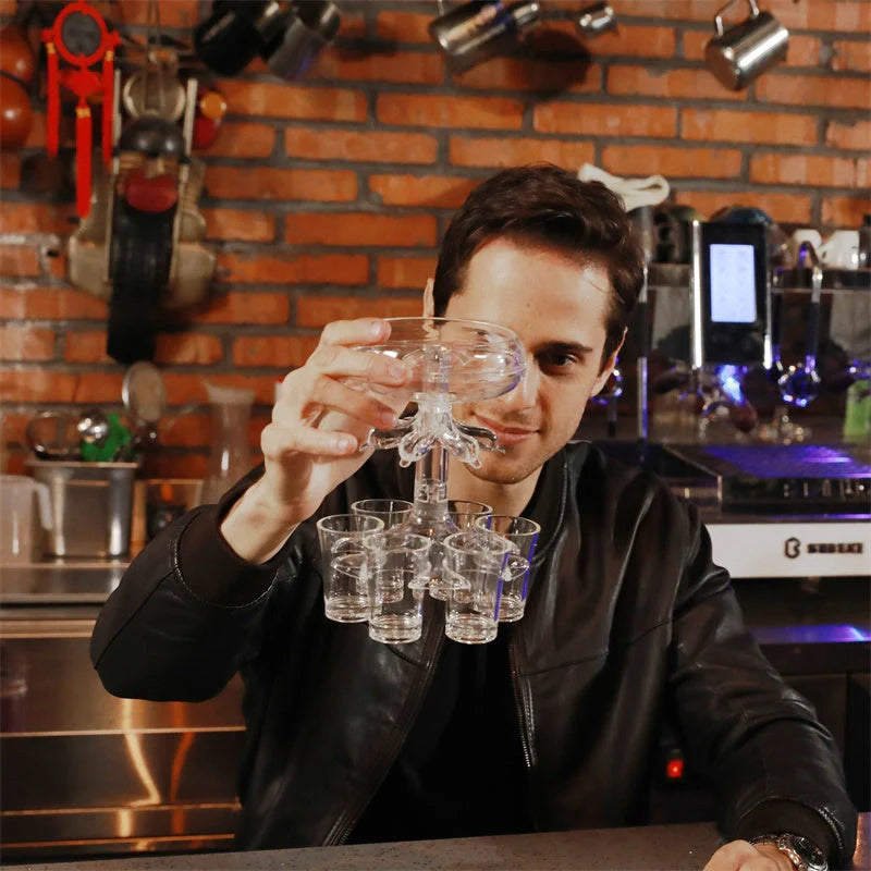 6-shot glass dispenser holder with 6 cups for wine, whisky, and beer