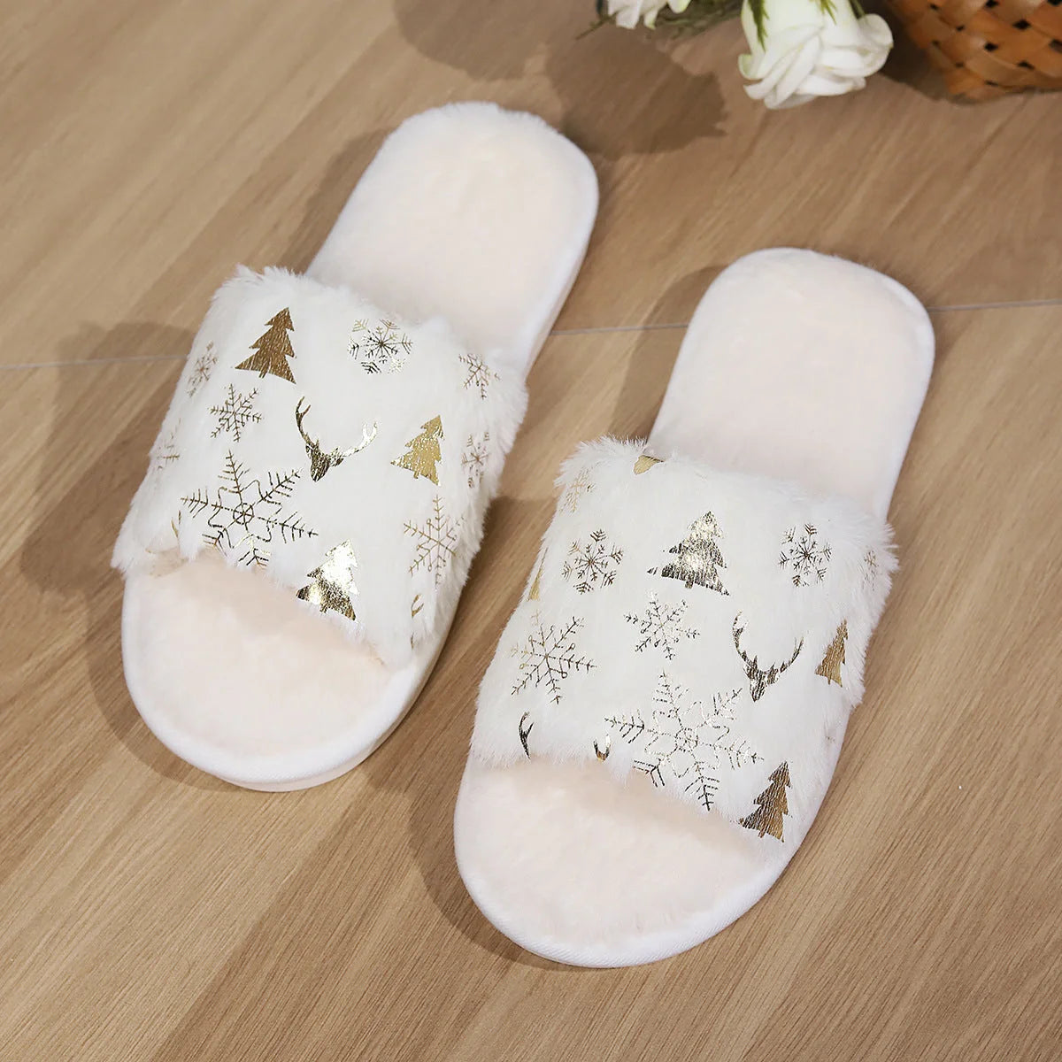 Christmas-themed white plush slippers with festive decorations and non-slip soles