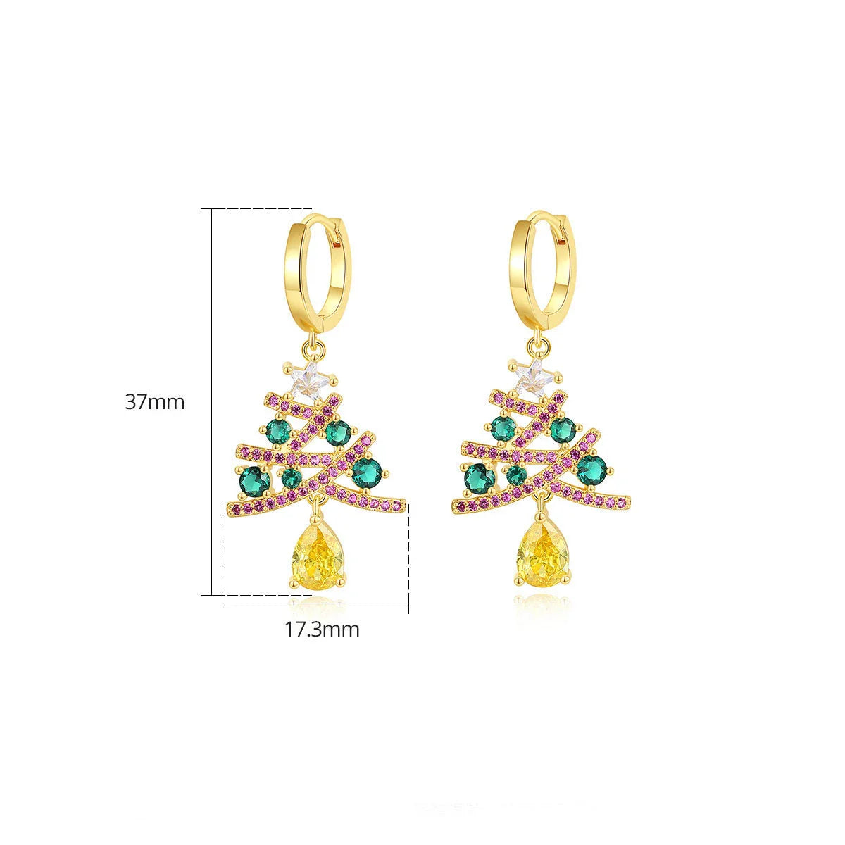 Pair of elegant Christmas tree earrings with a geometric design, sparkling rhinestones, and 18K gold electroplating