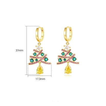 Pair of elegant Christmas tree earrings with a geometric design, sparkling rhinestones, and 18K gold electroplating