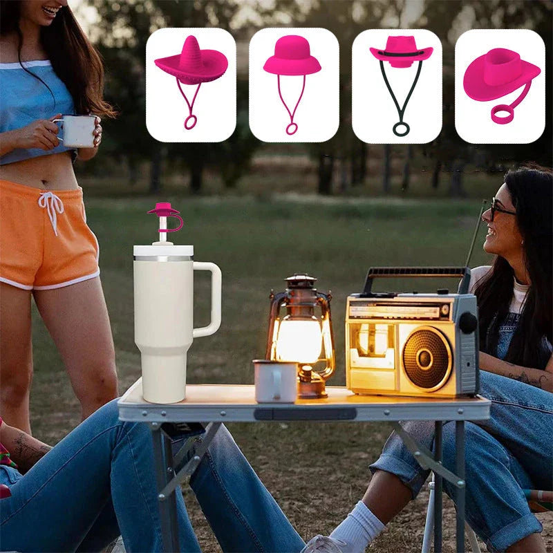 Premium straw covers in charming cowboy hat design, made of food-grade silicone for durable and reusable protection of your drinks