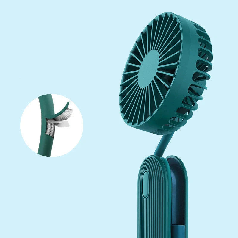 Rechargeable handheld fan in white, blue, and green with 2000mAh battery and silent operation