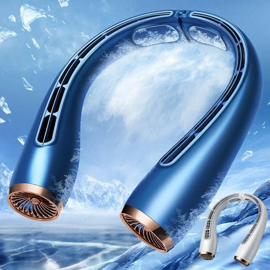 Neck-mounted bladeless fan with imitation aircraft turbine design, dual air outlets, and chilled aluminium sheets for rapid cooling