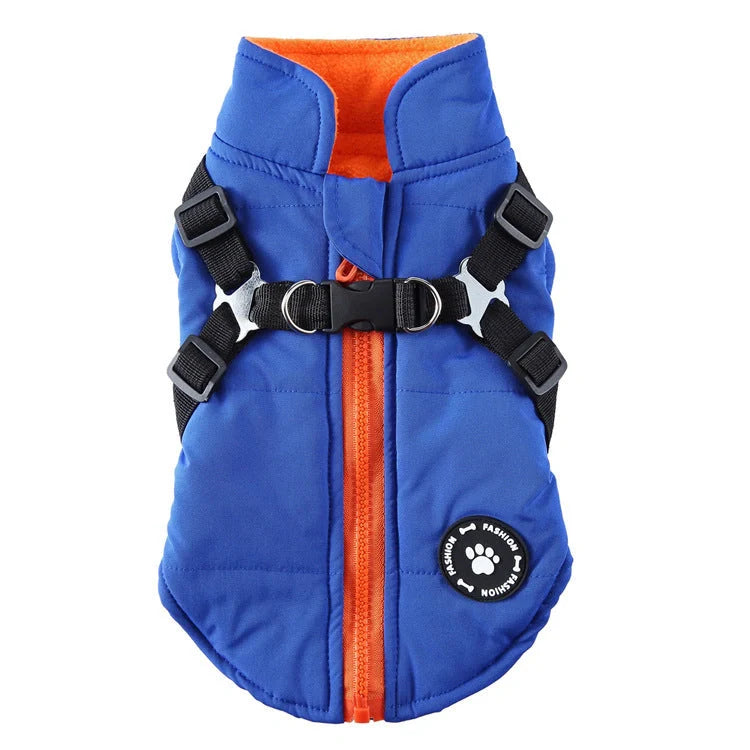 Chest Strap Jacket Cotton-padded Coat for pets in black, blue, green, and red