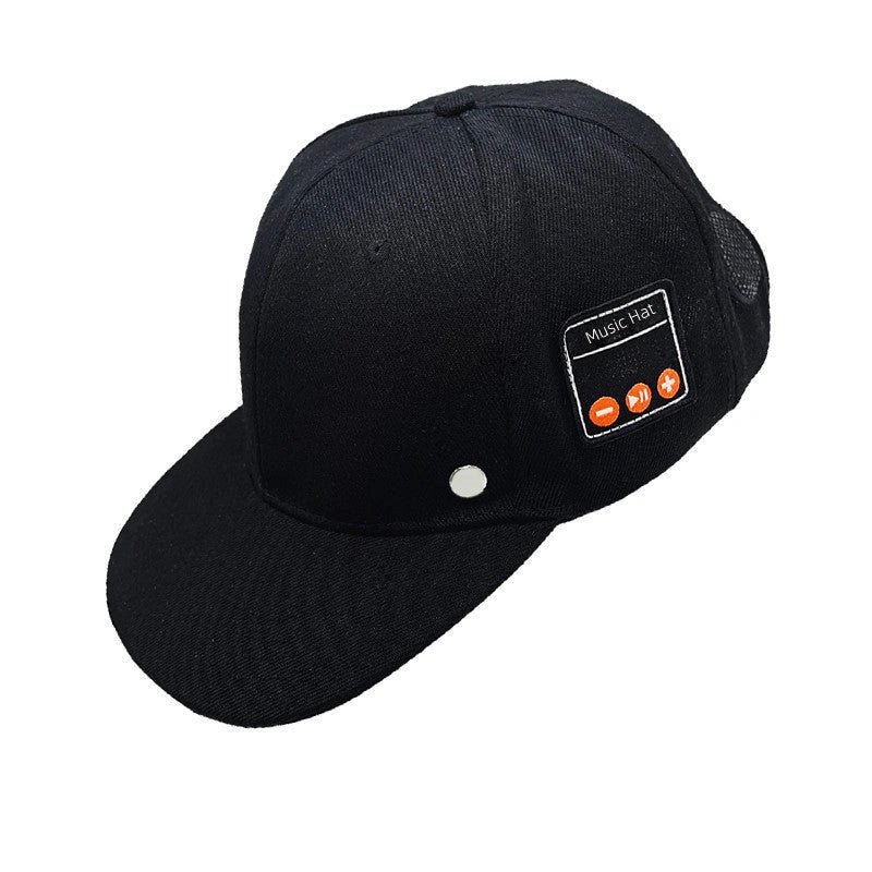 Bluetooth-compatible music hat in black and light grey with adjustable sizing