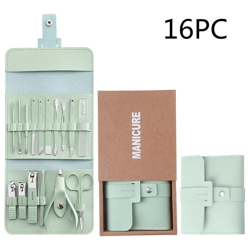 A 16-piece premium manicure and pedicure set with stainless steel tools and a stylish leather case