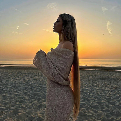 A one-shoulder knit maxi dress in various colors, perfect for beach vacations and summer events.