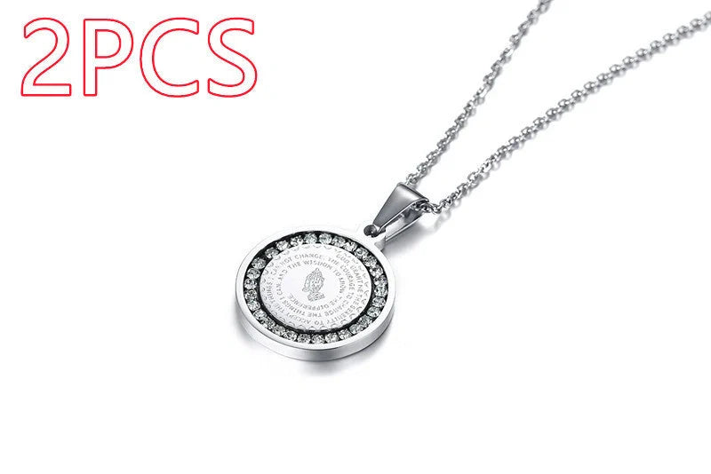Premium stainless steel pendant with sparkling rhinestones and engraved English Scripture