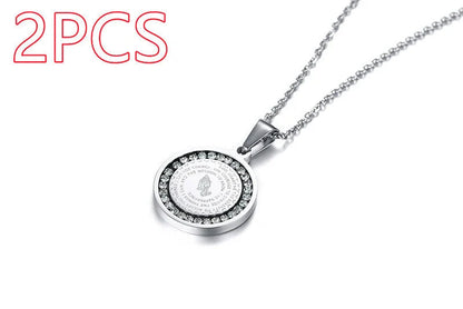 Premium stainless steel pendant with sparkling rhinestones and engraved English Scripture