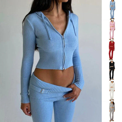 Stylish hoodie suit set with cozy hoodie and high-waisted pants in various colors