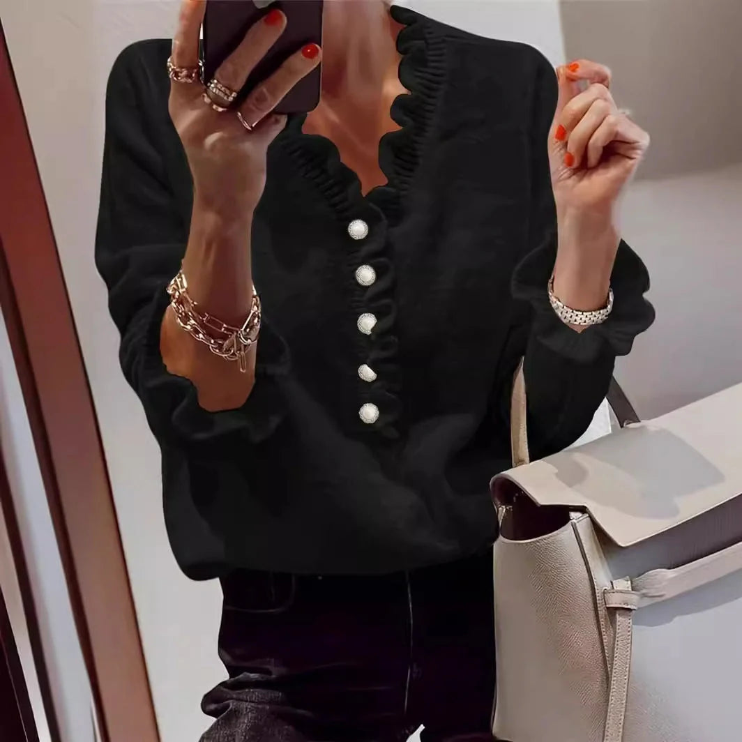 Stylish V-Neck Ruffled Knit Jumper in Black and White Colours for Women