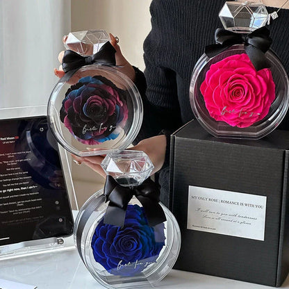 Preserved Rose Flower Ornaments in various colors, including red, pink, plum, and sapphire blue, displayed in a stylish gift box.