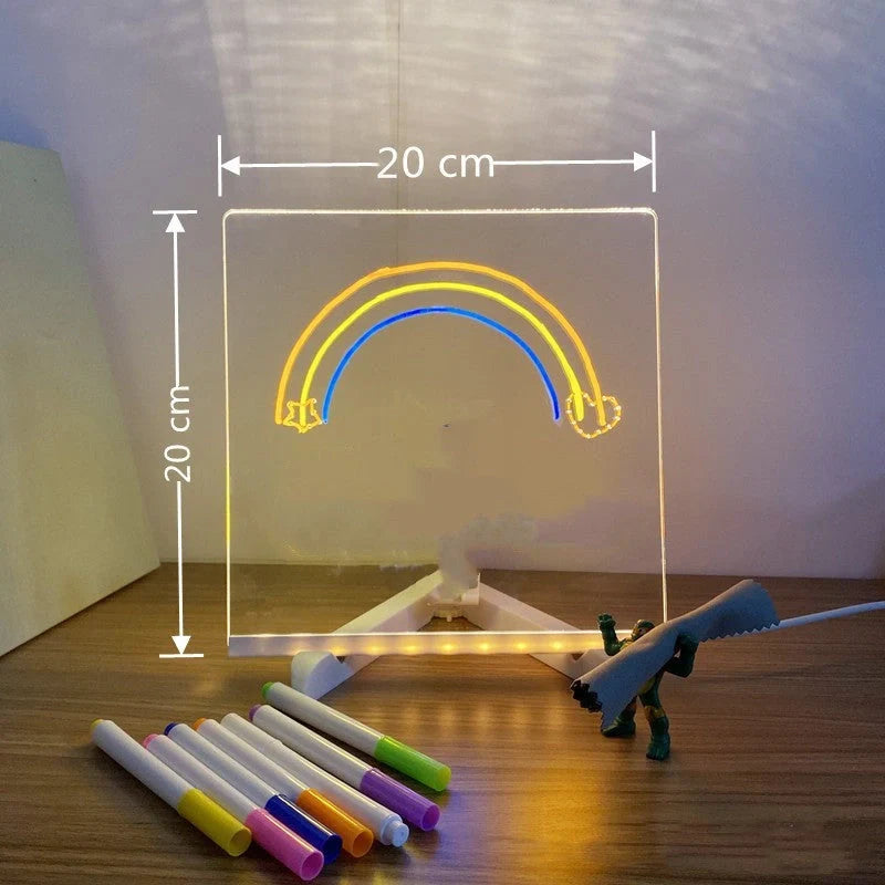 Acrylic DIY Note Board LED Night Light with 7 pens on a desk