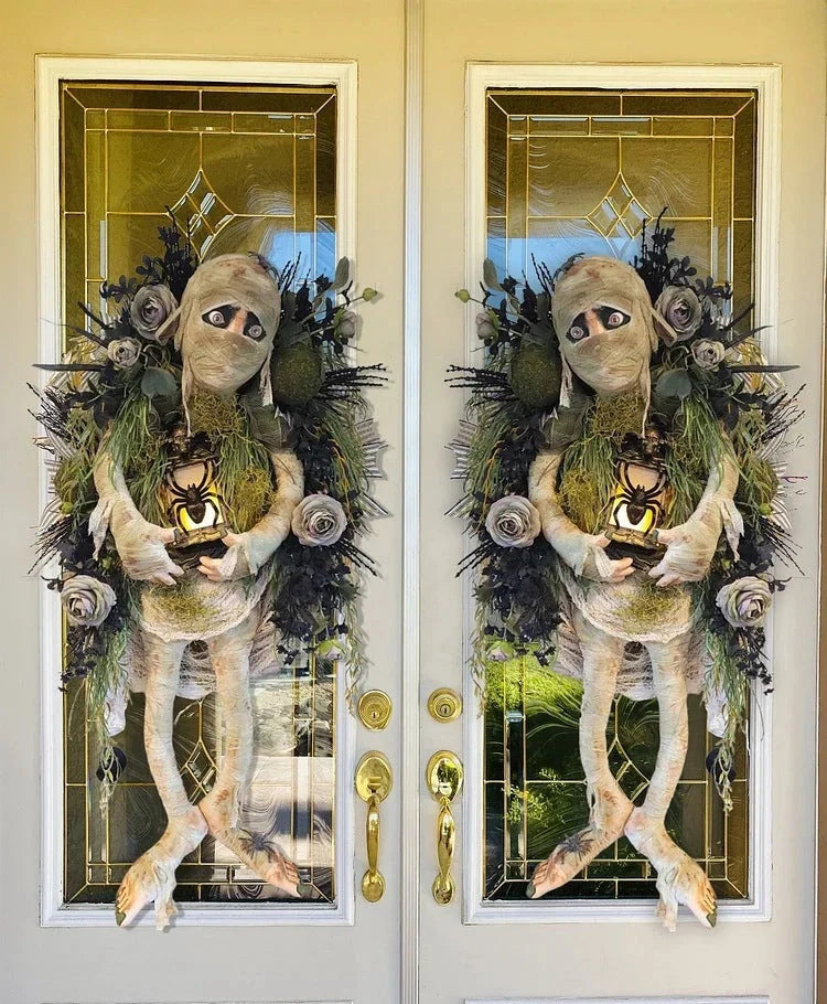 Mummy Halloween Wreath with realistic skeleton hands for door decoration