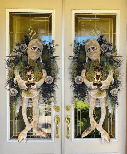 Mummy Halloween Wreath with realistic skeleton hands for door decoration