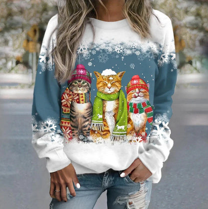 Women's Christmas Snowman and Cat Printed Long Sleeve T-shirt in various colours