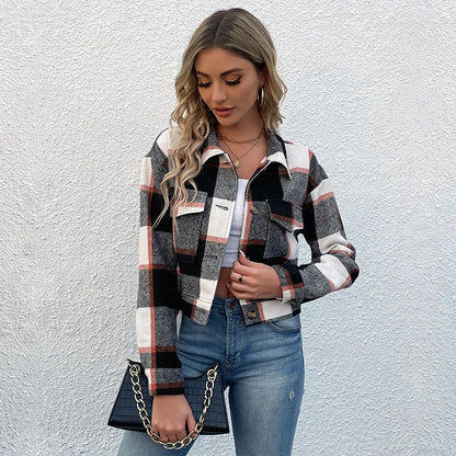 Plaid lapel cropped jacket for women with functional pockets in various colours