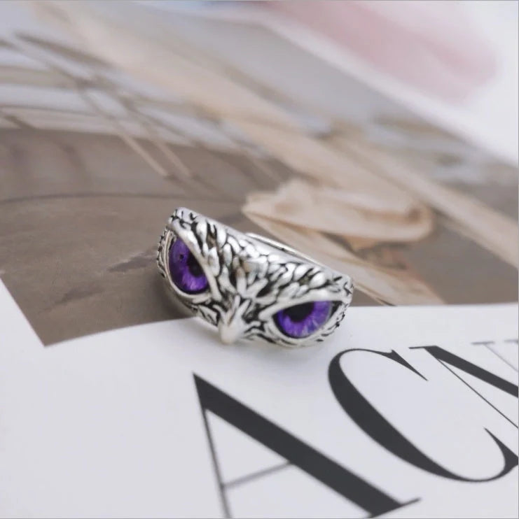 Vintage demon eye owl ring in sterling silver with adjustable opening