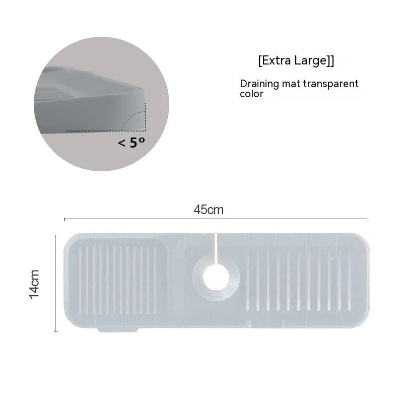 Premium silicone faucet splash guard with sloped design and dual drainage channels to prevent sink splashes and keep countertops dry.