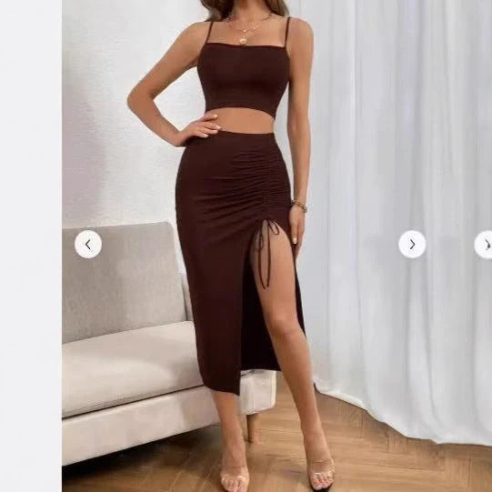 Elegant slim fit sleeveless split mid-length dress set for women in various colors