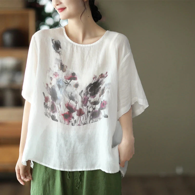 Vintage ink print casual T-shirt for summer in white, champagne, and dark gray