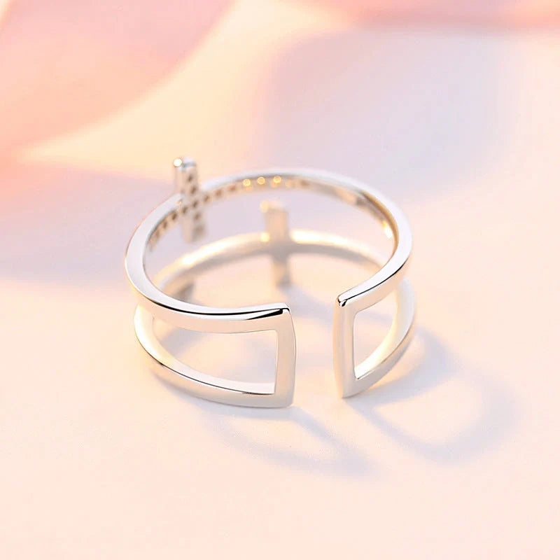 Double Cross Miniature Copper Inlaid Zircon Ring with adjustable opening for women