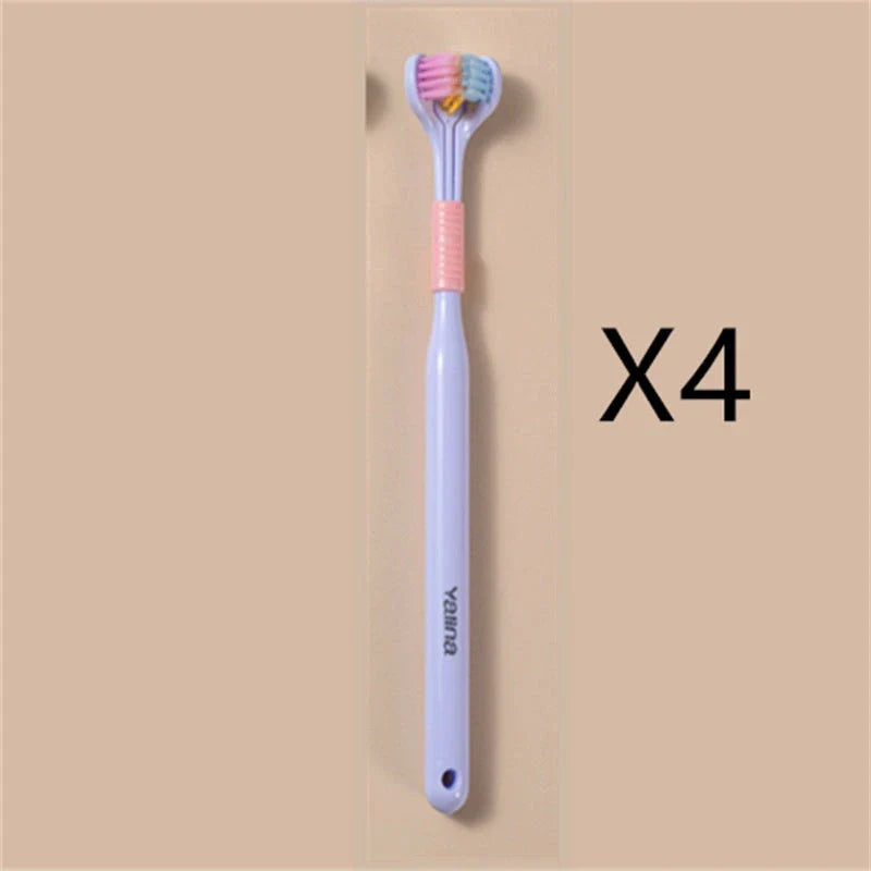 Soft bristle toothbrush with 3-sided brush head for thorough dental cleaning