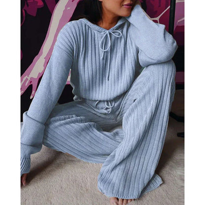 Cozy hooded two-piece loungewear set with soft, stretchy fabric and relaxed silhouette