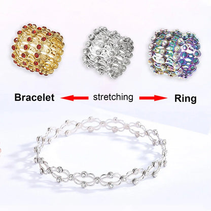 2-in-1 folding retractable rings bracelet with rhinestone detail, adjustable design