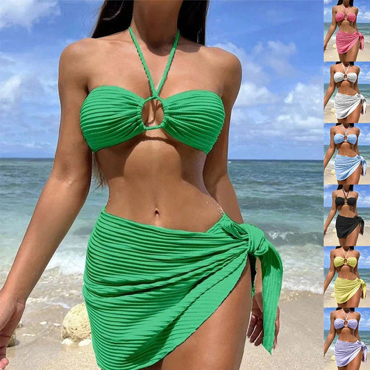 Women's 3-piece solid colour stripe swimsuit set with bikini top, bottom, and cover-up