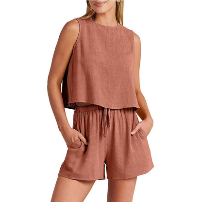 Women's sleeveless top and drawstring shorts set in various colors, made from a lightweight and breathable rayon and linen blend fabric