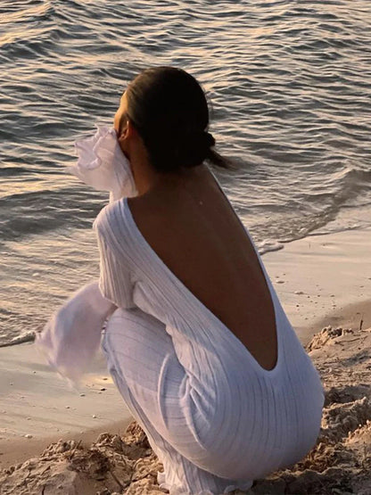 Slim long-sleeved ruffled maxi dress in khaki, black, or white with backless design