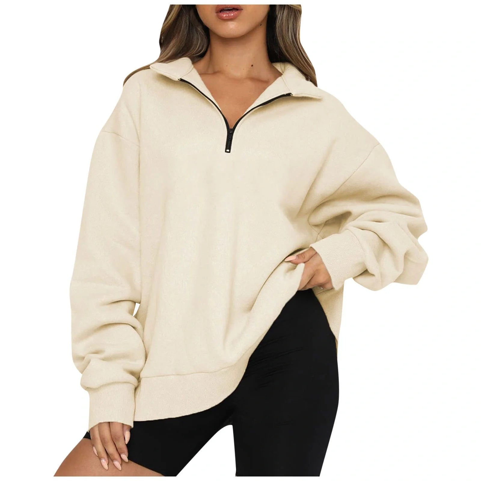 Women's zip turndown collar loose casual sweatshirt in various colours
