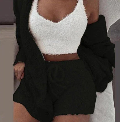 Cozy 3-piece velvet pajama set with long sleeve crop top and drawstring shorts in various colors