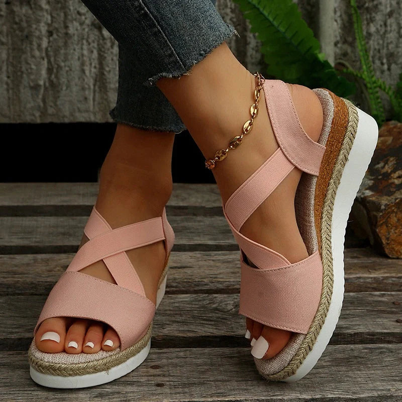 Women's cross-strap platform gladiator sandals with hemp heel in various colours