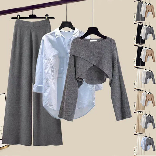 Women's 3-piece knitted sweater suit with shirt and wide leg pants in grey and white