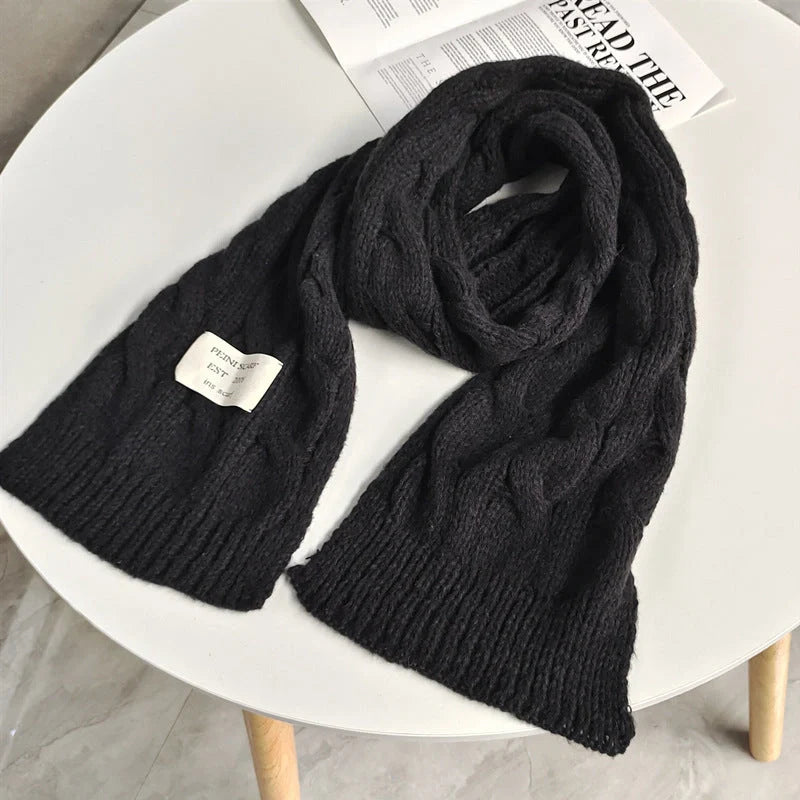 Sweet Labeling 8-word Twist Apricot Small Scarf in deer plush fabric, available in beige, gray, and black.