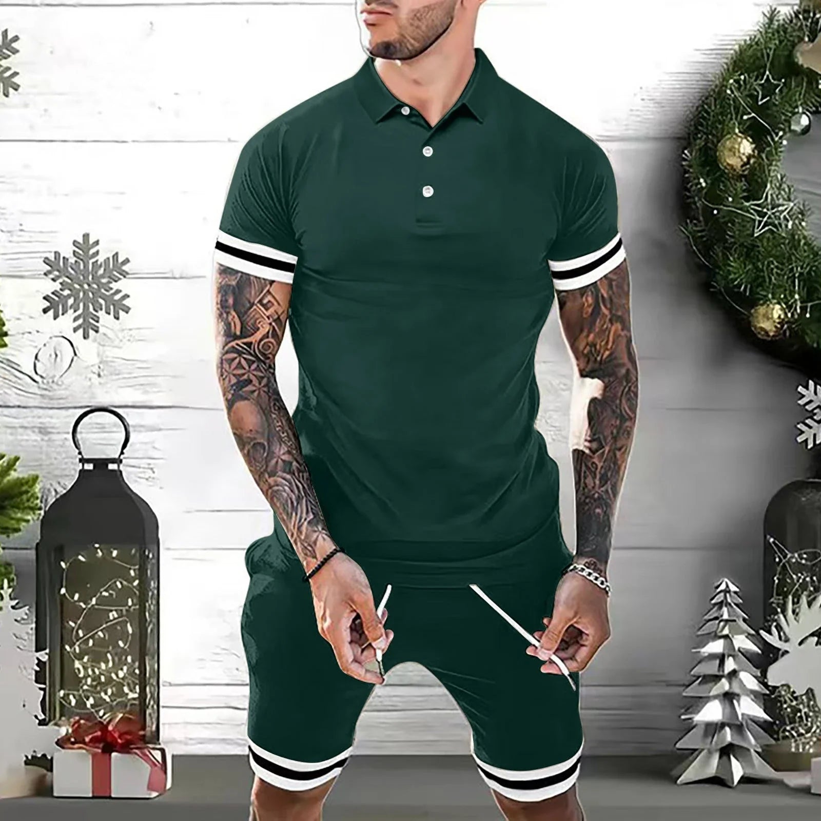 Men's 2-piece polo shirt and shorts outfit in various colors, including green, white, black, gray, navy blue, and blue