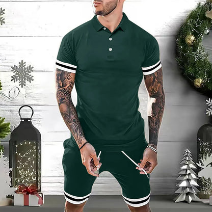 Men's 2-piece polo shirt and shorts outfit in various colors, including green, white, black, gray, navy blue, and blue