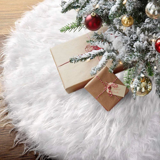 Luxurious plush Christmas tree skirt in various sizes, adding elegant charm to any holiday decor