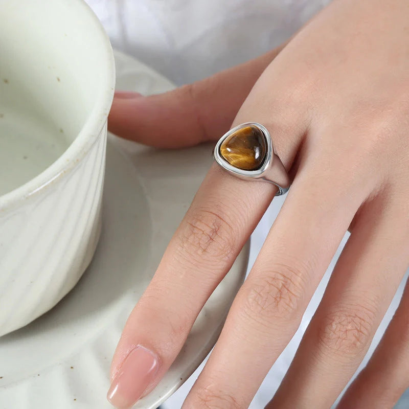 Retro titanium steel ring with natural stone in pink crystal and Tigereye options