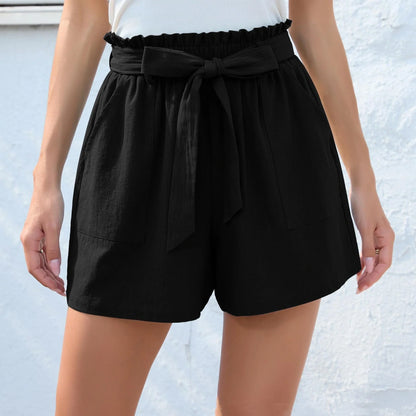 Stylish high waist women's shorts with ruffle bow tie detail and pockets for summer