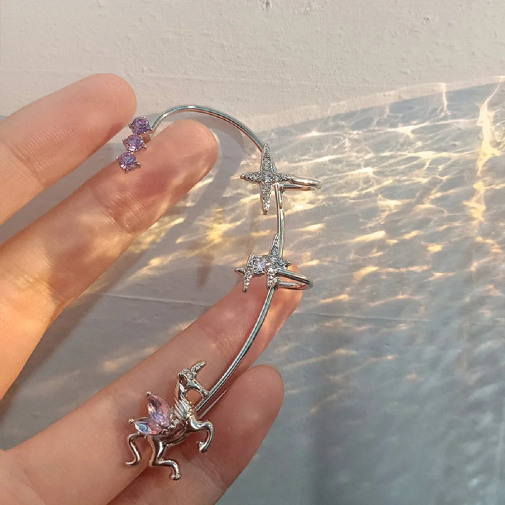 Women's butterfly design ear cuff and screw back earrings set in silver and purple