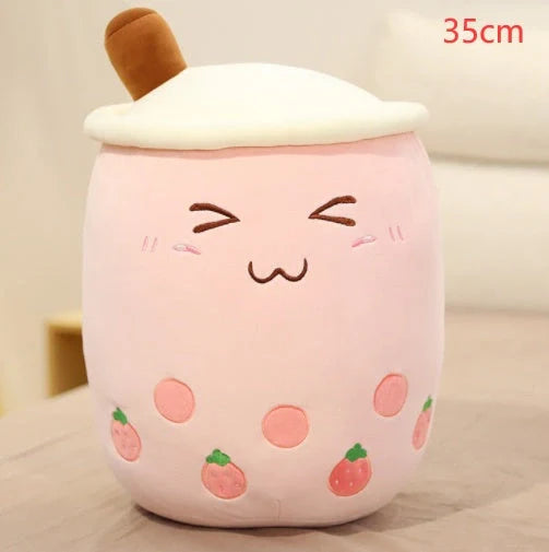 Strawberry Milk Tea Plush Boba Toy Pillow in various colours and sizes