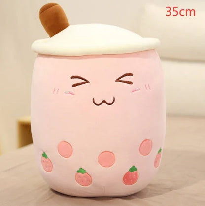Strawberry Milk Tea Plush Boba Toy Pillow in various colours and sizes